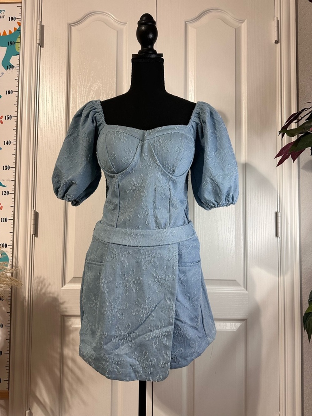 Light Blue Denim Puff Sleeve Top and Skirt Set